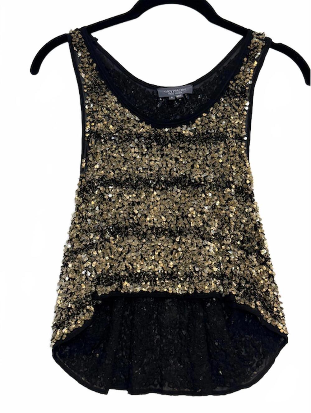 Gryphon New York Metallic Sequin Racerback Tank Top Black Mesh Small